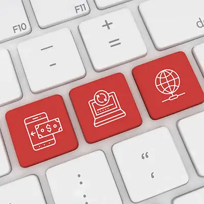 Technology icons on keyboard keys Technology icons on keyboard keys